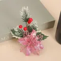 Pink glitter flower with red berries and flocked pine needle for Christmas decor - Pink