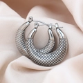 Silver grid textured stainless steel hoop earrings with polished finish and snap closure - Rhombus Pattern / Silver
