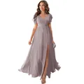 Elegant mauve chiffon bridesmaid dress with V-neck, ruffle sleeves and high slit - US size 2 (S) / Top And Bottom / Grey Purple