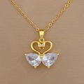 Detailed close-up of heart swan necklace pendant with teardrop-shaped zircon in gold finish - Necklace (Titanium Steel Chain Copper Pendant)