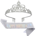 Silver crystal birthday crown and glitter sash set with Happy Birthday text - Silver + Holographic Silver Glitter Cloth