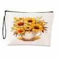 Weiße Leinentasche mit Sonnenblumen-Teetasse und schwarzem Reißverschlussband - Sonnenblumen-Teetassen-Stil 1 (xy-007-01) / Mit Handschlaufe