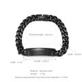 Hip hop black stainless steel Cuban link bracelet with rectangle ID plate shown with dimensions - Black (W-2-3)