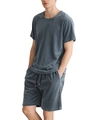 Men's grey velvet tracksuit with short sleeve t-shirt and drawstring shorts set - Fog Blue