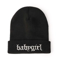 Detailed close-up of white gothic babygirl embroidery on black knitted beanie hat - M (56-58cm) / Black