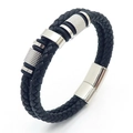 Men's double-layered braided leather bracelet with silver magnetic steel clasp - Style A Steel Color (KB170738-SJ) / 19cm