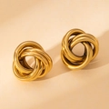 Exaggerated minimalist 18K gold plated stainless steel knot earrings on beige background - Triple Line Entwined (BJGE0704)