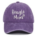 Close-up of white Beagle Mom embroidery and paw print on purple washed cotton baseball cap - Purple