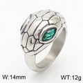 Vintage silver snake ring with green stone eyes and detailed scale texture, 14mm wide - US 8