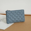 Quilted Morandi blue PU leather coin purse with silver zipper and slim diamond pattern - Blue