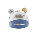 Cappellino neonato in cotone bianco con risvolto blu, motivi animali e orecchie carine - Cappello Grande Dinosauro Blu