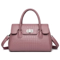 Elegant pink crocodile pattern handbag with woven handle and silver metal clasp lock - Purple