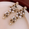 Elegant gold drop earrings featuring white enamel flowers and pearls in vintage style - Pearl Enamel Long Flower Style (Silver Needle Flower Enamel Pearl Studs)
