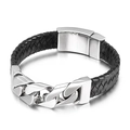 Bracciale da uomo in pelle nera intrecciata con catena Cuban in acciaio inox 316L - Stile Teschio Giuntato con Catena Cubana (KB47348-D) / Nero & Argento