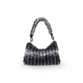 Borsa a mano in peluche grigio sfumato con tracolla morbida e dettagli metallici oro - Blu