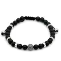Adjustable men's beaded bracelet with matte black beads and textured silver center bead - Black Agate Style (B057)