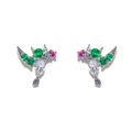 Macro shot of silver hummingbird stud earrings with green and pink micro-set cubic zirconia - Hummingbird Stud Earrings / White Gold