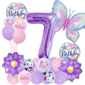 Purple number 7 balloon set with butterfly and flower foil accents for birthday party decor - 7th Birthday Butterfly Set