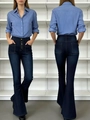 Detail of high-waist flared jeans with five-button fly and front patch pockets - XS / Royal Blue