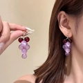 Detail of a purple grape-shaped drop earring with translucent beads on a model - 9# Purple Grape Bunch Earrings (Silver Pin)