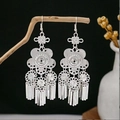 Vintage silver flower tassel earrings in bohemian ethnic style hanging on wood - Vintage Ethnic Floral Pattern Tassel Style (E4187)