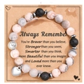 Handmade pink zebra stone and black lava bead bracelet with heart charm on inspirational gift card - Elastic Heart Message Style