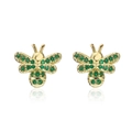Detailed close-up of gold bee earrings with green zircon wings on a white background - Gold-Bee-Green