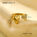 Golden open ring featuring one polished heart and one sparkling zircon crystal heart - White Zircon