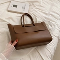 Deep brown large-capacity vintage tote bag with flap closure and dual top handles - Brown