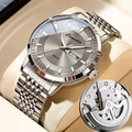 Men's automatic mechanical watch with skeleton dial, stainless steel band and day-date display - Silver Stainless Steel Grey Dial (A70)