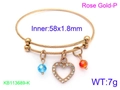 Rose gold braided steel wire open bracelet with heart charm and colorful beads - Rose Gold Heart Zirconia Style (KB113689-KFC)
