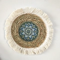 Bohemian grass woven wall hanging with green mandala pattern and white cotton tassels - Pattern 1 (With Tassels 25cm)
