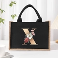 Black linen tote bag with letter X and floral print and beige linen edges - Bronze Floral Letter X