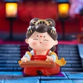 Q-version ancient lady figurine playing guz琴 in red and blue traditional dress - Zither Playing Maiden Figurine