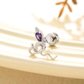 Silver winged snake earring with purple heart gemstone and round diamond stud - Purple