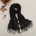 Forest style black lace crochet scarf with embroidery and ball fringe tassels - 3022 Pom Pom Tassel Style / Black