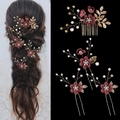 4pcs bridal hair accessory set with dark red flowers and gold leaves on black background - Four-Piece Set / Burgundy