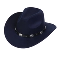 Detail of western cowboy hat featuring leather band with circular metal floral carvings - M (56-58cm) / Navy Blue (166-F)