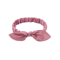 Close-up of pink cotton fabric baby headband with elastic knot and rabbit ear design - Dusty Rose (4)