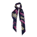 Detail of navy blue silk hair scrunchie with pink strap and golden tassel patterns - Blue Chain