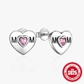 S925 sterling silver MOM heart stud earring with pink crystal center and mirror reflection - MOM-Pink Heart Stone