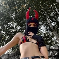 Knitted devil horn balaclava in black and red with cross embroidery detail - 57-59cm / Black with Red Horn Embroidery