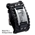 Bracciale da uomo in pelle con ascia vichinga e placca in metallo argento antico - PU Nero + Argento Antico