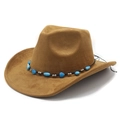 Detail of khaki suede western cowboy hat featuring ethnic blue beads and braided rope - M(56-58cm) / Khaki Faux Suede