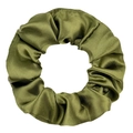 Detailed view of olive green satin scrunchie with pleated texture and silky sheen finish - Army Green