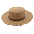 Detail of beaded flat top raffia sun hat with frayed edges and decorative belt trim - One Size / Khaki