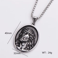 Macro detail of oval Jesus relief pendant in vintage steel with size and weight specs - Single Pendant Style 18