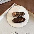 Brown leopard print and coffee-colored barrette set with pearl on a white display card - French Leopard Oval Hair Clip Set