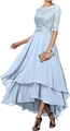 Light blue evening dress with floral lace embroidery and tiered high-low chiffon skirt - US 2 / Bottoms / Light Blue