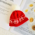 Red 20cm doll knitted beanie with white snowflake patterns and a soft pom-pom detail - For 20cm Doll / Red Snowflake Hat